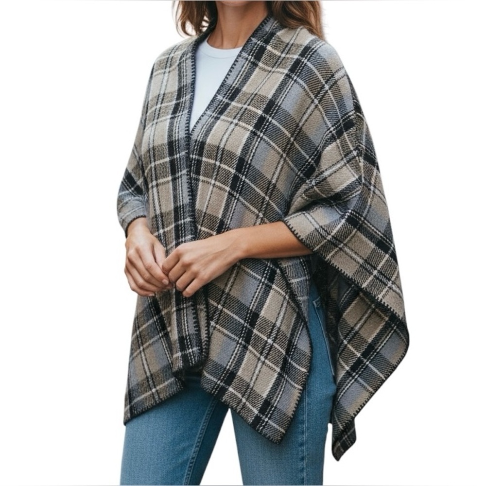 Woolrich‎ Women One Size Poncho Plaid Relaxed Lagen Look Lightweight Casual Wrap